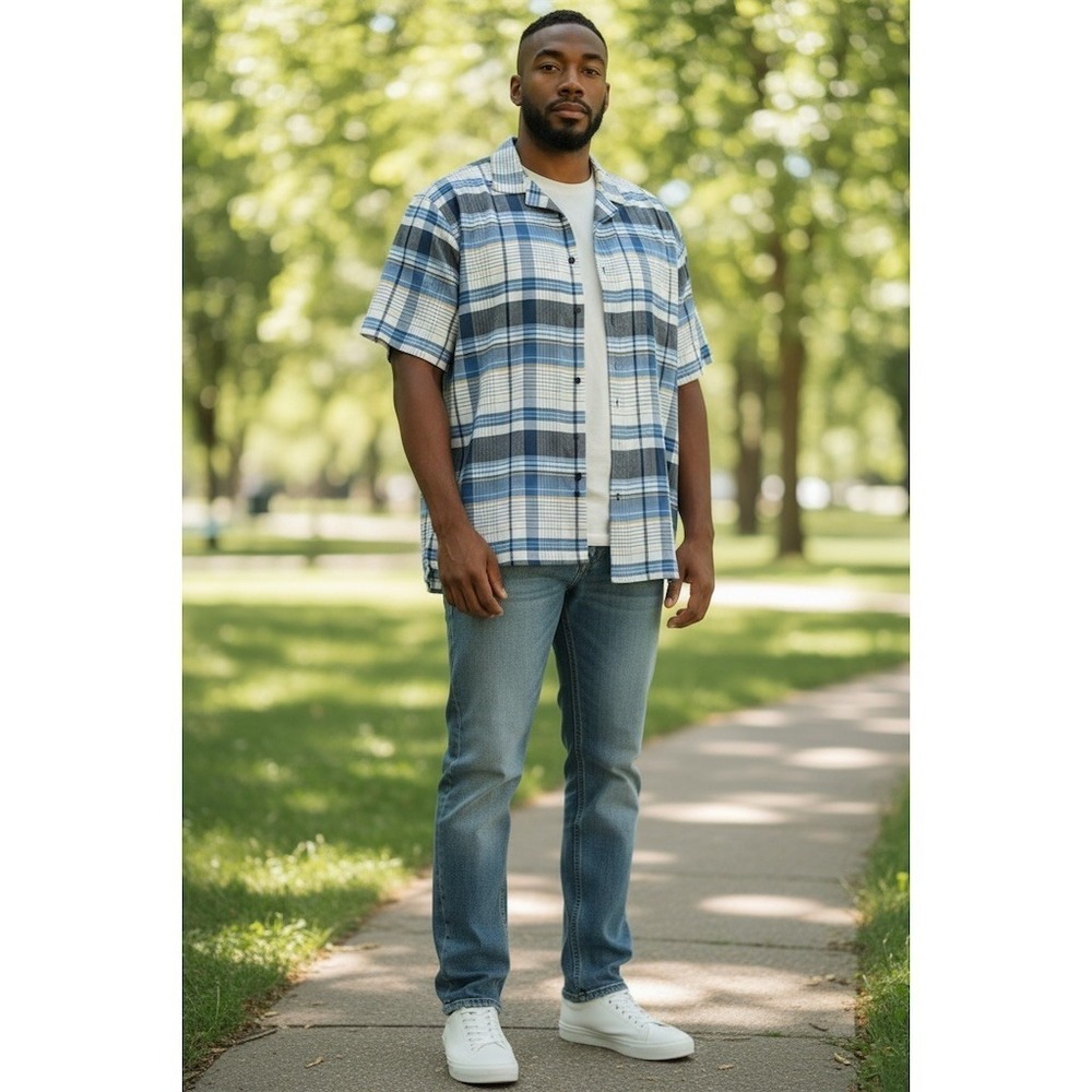 Steve Harvey Celebrity Edition Shirt Mens 4XL Blue‎ Plaid Button Up S/S vacation